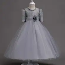 Платье феи для девочек 1/2 рукав праздничное платье с жемчужинами на воротнике и цветами на поясе кружевное платье на день рождения Свадебная вечеринка платье Дети Костюмы От 4 до 15 лет J723