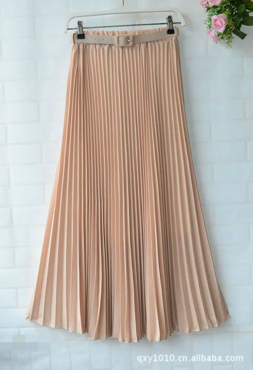 Womens Skirt Belt High Waist Solid Color Retro Maxi Chiffon Pleated Elegant Long Skirt Summer Skirt Womens New 13 Styles - Цвет: Light Khaki