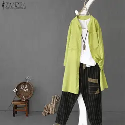 ZANZEA 2019 осенне-Весенняя женская блузка с длинными рукавами Свободная хлопковая туника Топ повседневные пуговицы льняной воротник-стойка