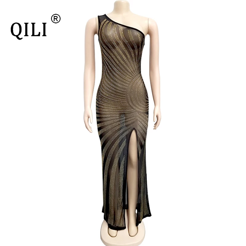 QILI Women One Shoulder Diamonds Dress Sexy High Split Mesh Rhinestone Long Maxi Dresses Evening Party Club Dress Gold