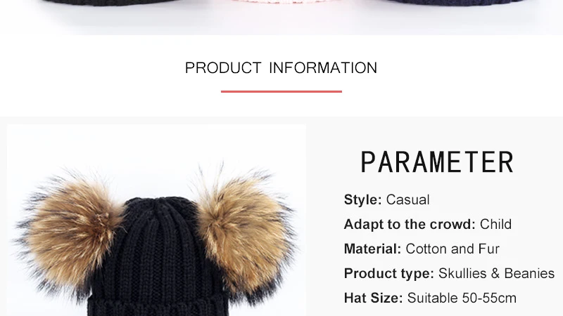 New Two Raccoon Fur pom poms Knit Beanie Hat Solid Color High Quality Winter Hat Boy Girl Thicken Hedging Cap Warm Baby Kids