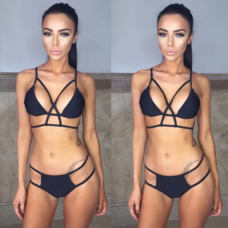 

2017 Summer Women Sexy Black Pure Color Bandage Push-up Bikini Set Padded Bra e Swimsuit Swimwear