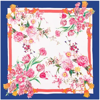 

Fashion female scarf Party Valentine's day floral 130*130cm twill silk scarf women square scarves new style tassel lady scarf