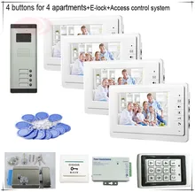 4 Buttons Color Video Door Phones Intercom Systems 4  LCD Security Doorbell for 4 Apartments  +Access Control System+E-lock