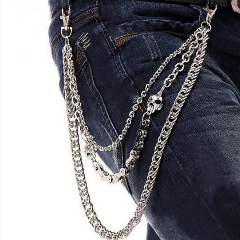 

Fashion 3 Layer Chain Waist Men's Keychains Wallet Chain Silver Skull Biker Link Punk Hook Trousers Pant Belt Chain Jewelry
