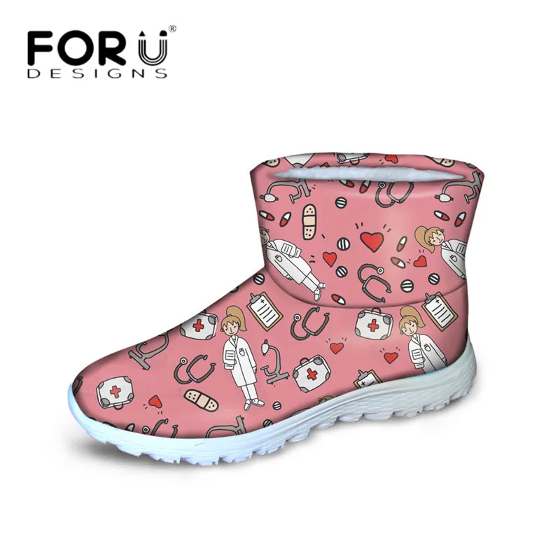 

FORUDESIGNS Cute Women Pink Snow Boots Cartoon Medical Nurse Print Casual Winter Warm Boot Slip On Comfortable Shoes Lightweight