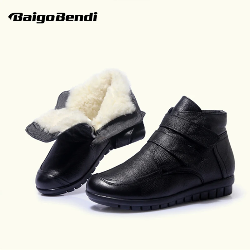 

Real Leather The aged Woman Thick Fur Hook Loop Snow Boots Middleage Mother Cotton Flat Boots Mommy Keep Warm Winter Shoes