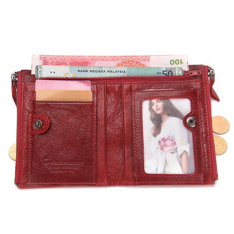 Модный женский кошелек из натуральной кожи, два сложения, кошельки, ID держатель для карт, портмоне с двойной молнией, маленький женский кошелек