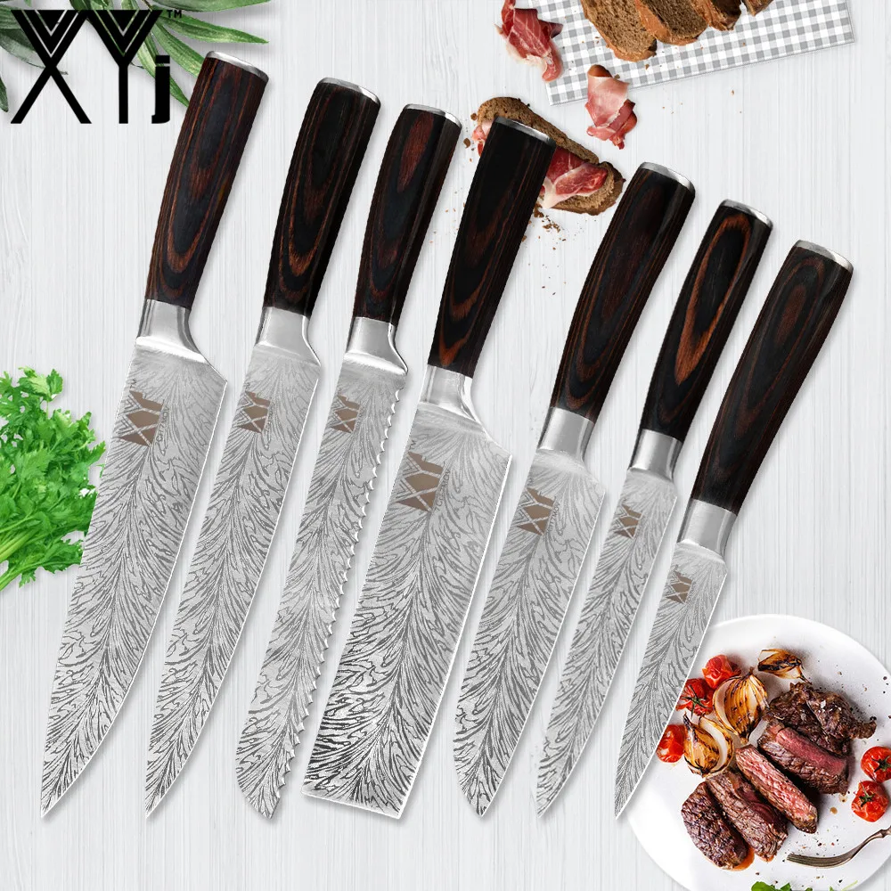 

XYj New Arrived Kitchen Knives Good Quality Stainless Steel Kitchen Knives Set Color Wood Handle Chef Slicing Chopping Knives