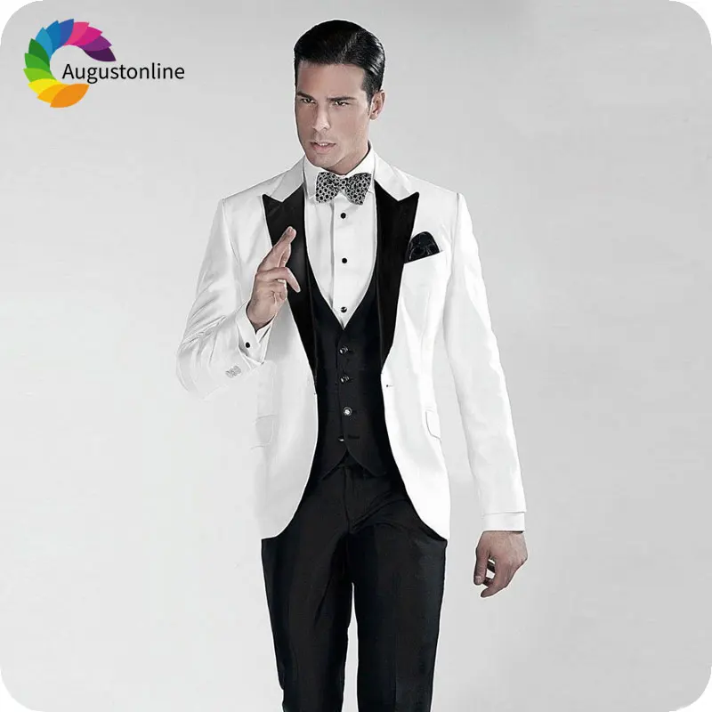 Italian White Men Suits for Wedding Black Peaked Lapel Slim Fit Groom Tuxedos Custom Made Costume Homme 3Piece Best Man Blazers royal blue men suits for wedding custom made best man blazers jacket 3piece pants vest slim fit groom tuxedos wide peaked lapel