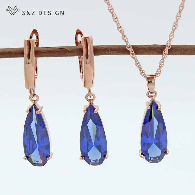 S&Z 6 Color Long Water Drop Dangle Zircon Earrings Jewelry Set 585 Rose Gold Color For Women Korean Fine Wedding Party Jewelry