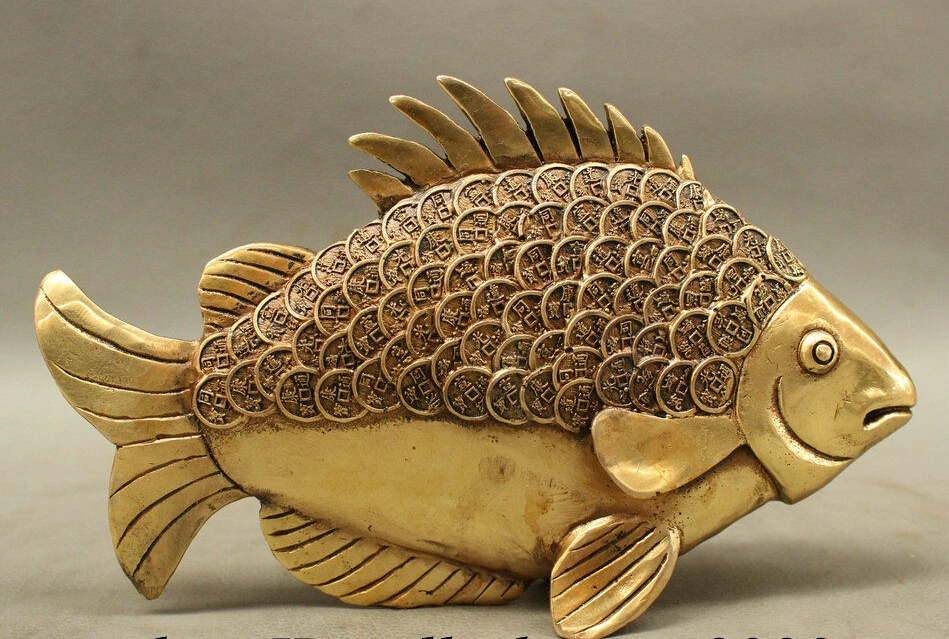 

8" FengShui Chinese Brass Auspicious Money 100 Old Coin Wealth Fish Statue