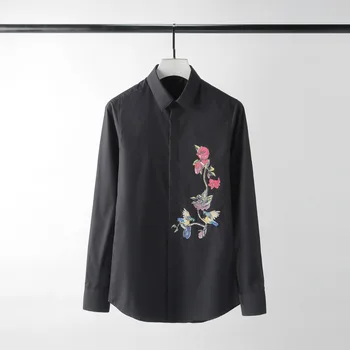 

Black Cotton Mens Shirts Luxury Rose Embroidery Long Sleeve Mens Dress Shirts Plus Size 4xl Solid Mens Shirts Casual Slim Fit