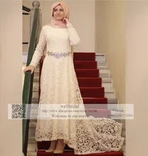 2016 Muslim Robe de Mariage Hijab Dubai Saudi Arabia Vestidos Crystal Appliques Lace Full sleeve Event Gown Women Prom dress