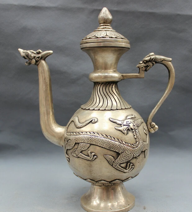 

song voge gem S4619 10" Chinese Silver Buddhism FengShui Fly Dragon Head Statue Wine Pot Teapot