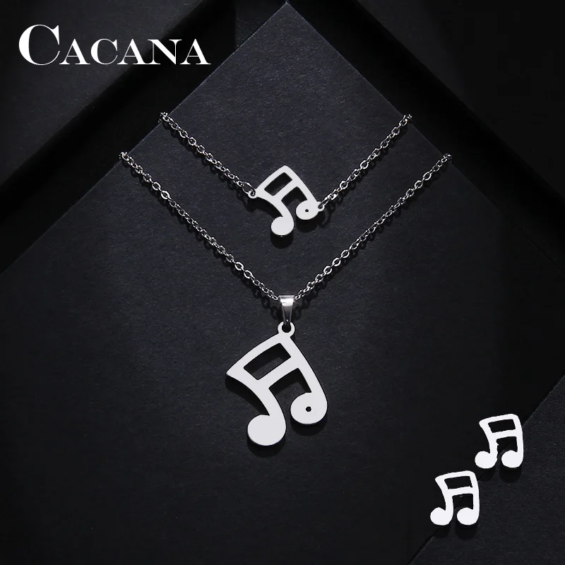 CACANA Stainless Steel Sets For Women Musical Notes Shape Necklace Bracelets Earrings For Women Lover's Engagement Jewelry S547