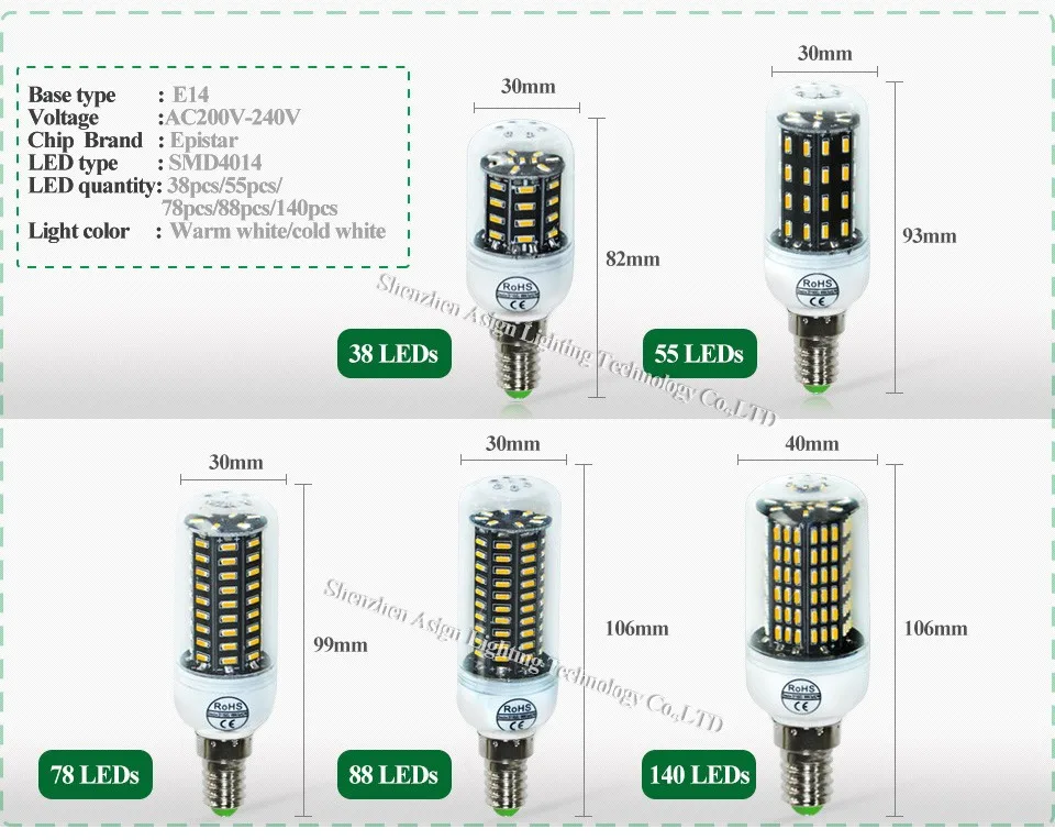 Ультра с высокой светоотдачей светодиодный лампы 4014 SMD E27 E14 светодиодный Кукуруза лампа люстра AC220V 38 Светодиодный s 55 светодиодный s 78