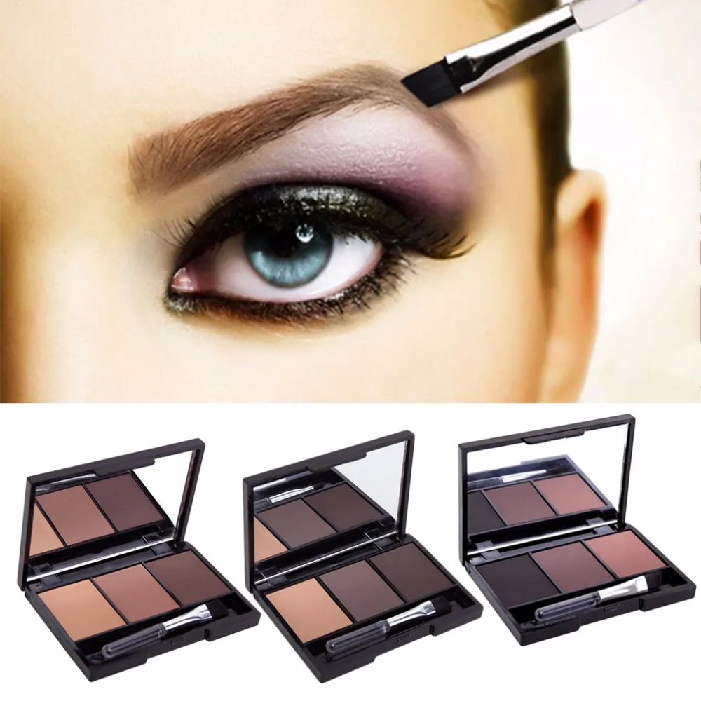 3 Color Eyebrow Powder Palette Cosmetic Makeup Shading Brush Mirror Box