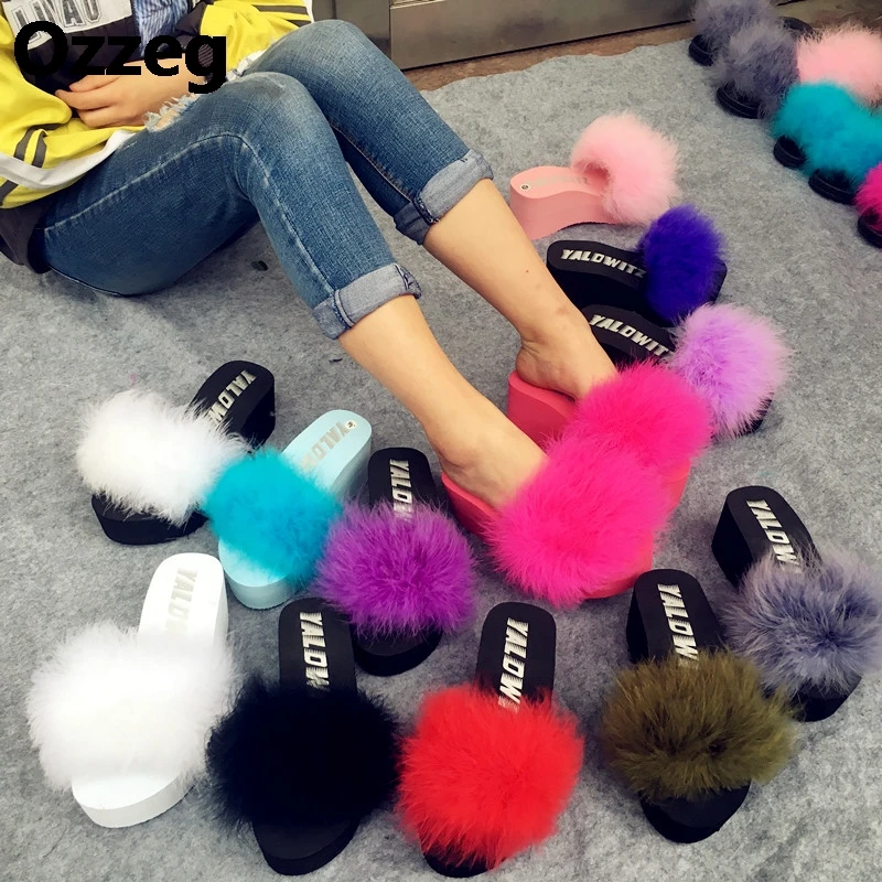 

Fur Furry Slide Sweet Ostrich Feather Thick Bottom Beach Female Sandals Hair Flip Flops Women Home Slippers Fenty playform Soft
