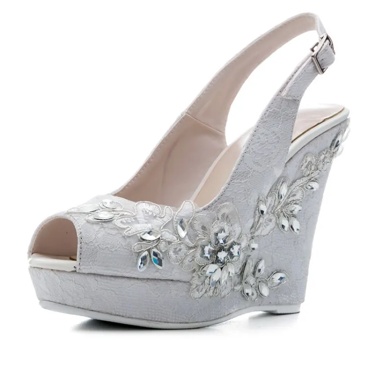 

Fashion Lace Wedges Sandals Crystal Flowers High Heel Sandals Peep Toe Sling Back Women Platform Shoes Party Dress Summer Sandal