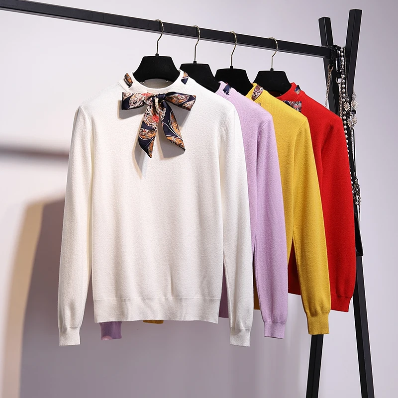 

Fanco Preppy Decoration Tie Neck Stand Collar Solid Casual Women Sweater New Autumn Campus Highstreet Pullovers Sweaters