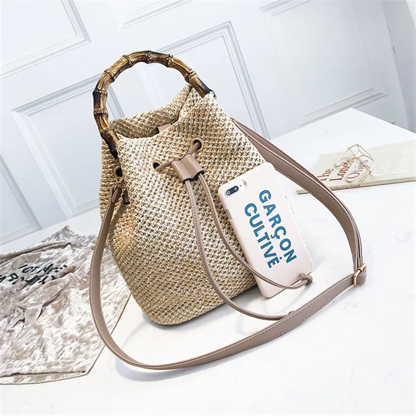 Blascher Beach Drawstring Women Bucket Bags Female Summer Knitting Straw Bags Casual Holiday Crossbody Bag Bamboo Handle Handbags Bolsa H8312 (1)