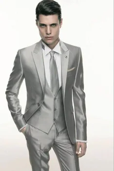 

New Silver Grey Satin wedding Men Suit Formal Skinny Stylish Male Blazer Party Custom Tuxedo 3 Piece Vestidos mens suits
