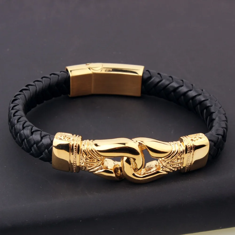 Лидер продаж 12,5 мм 316L Нержавеющая сталь наручники браслет модные спортивные Для мужчин черный кожаный браслет серебро или золото