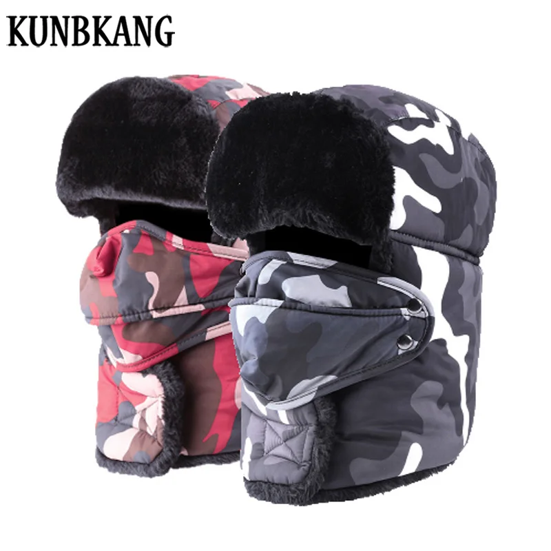 

Winter Camouflage Bomber Hats Men Women Warm Russian Fur Hat Earflap Men Cap Snow Balaclava Mask Thick Winter Hat With Ear Flaps