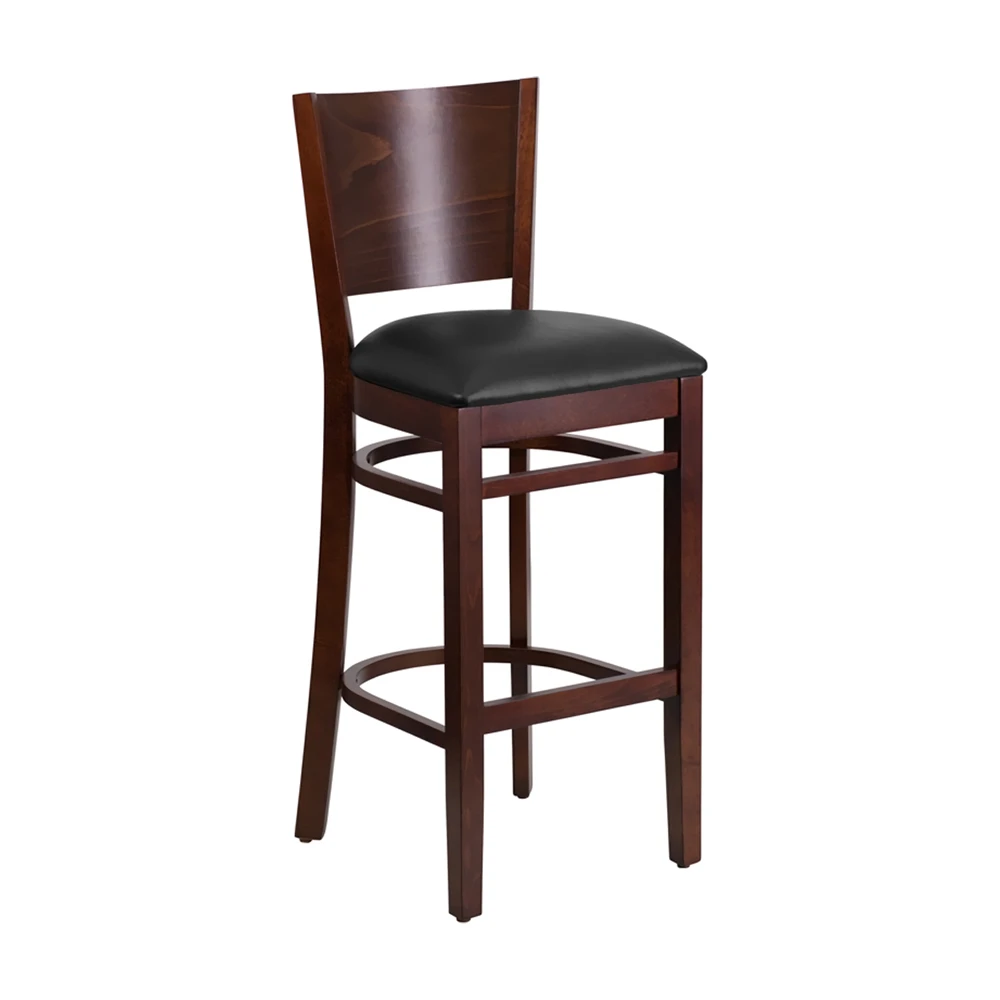 Flash Furniture Lacey Series Solid Back Walnut Wooden Restaurant Barstool - Black Vinyl Seat