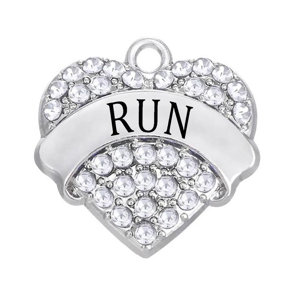 Personalized outdoor sports jewelry charm rhinestone inlaid metal RUN label heart pendantin
