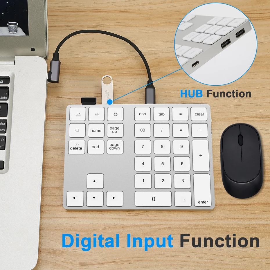 AVATTO Aluminum Alloy Bluetooth Wireless Numeric Keypad with USB HUB Digital Input Function for Windows,Mac OS,Android laptop PC