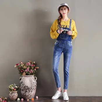 

New Ladies Nine points jeans Loose Female Korean version of the Wild Retro Bib Ladies Straps one-piece pants Size 25-30 31 32