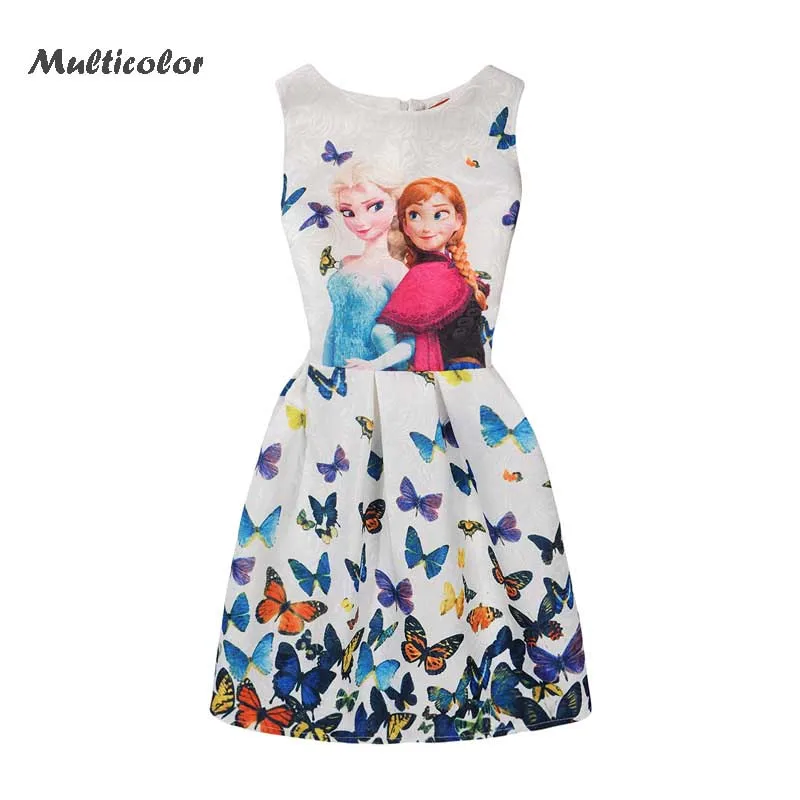 Разноцветное хлопковое платье для девочек с изображением Эльзы и Анны жилет с принтом бабочки Vestido Princesse, платья для маленьких девочек
