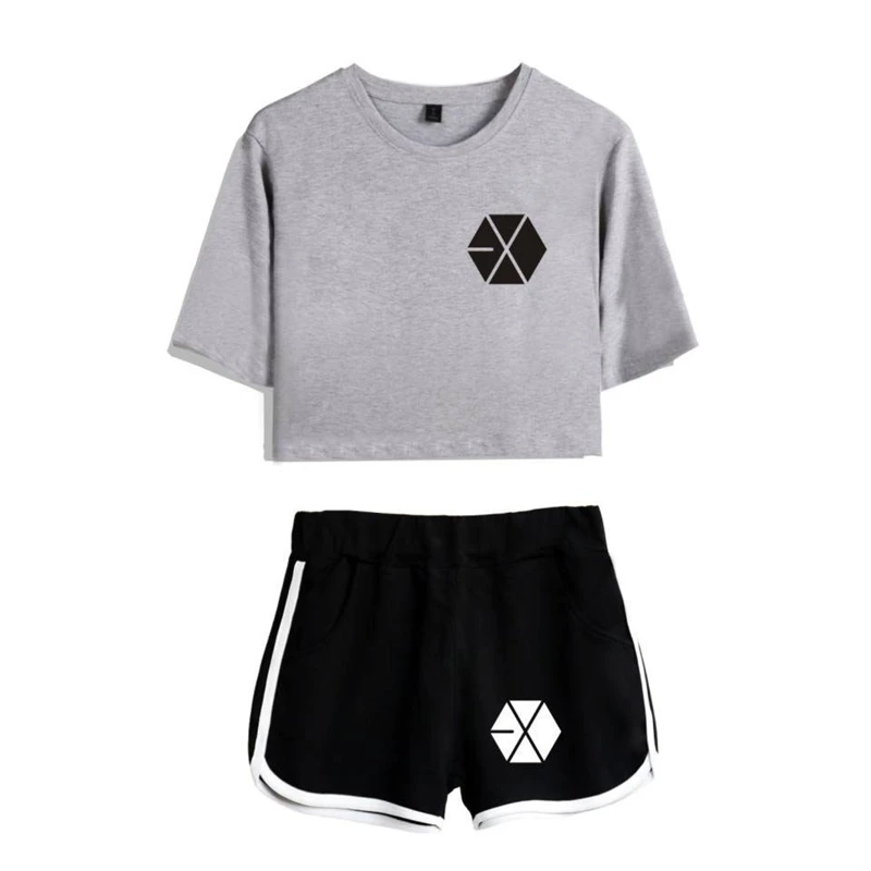 EXO Kpop Bangtan Boys короткий топ Женская футболка летние шорты и женская модная