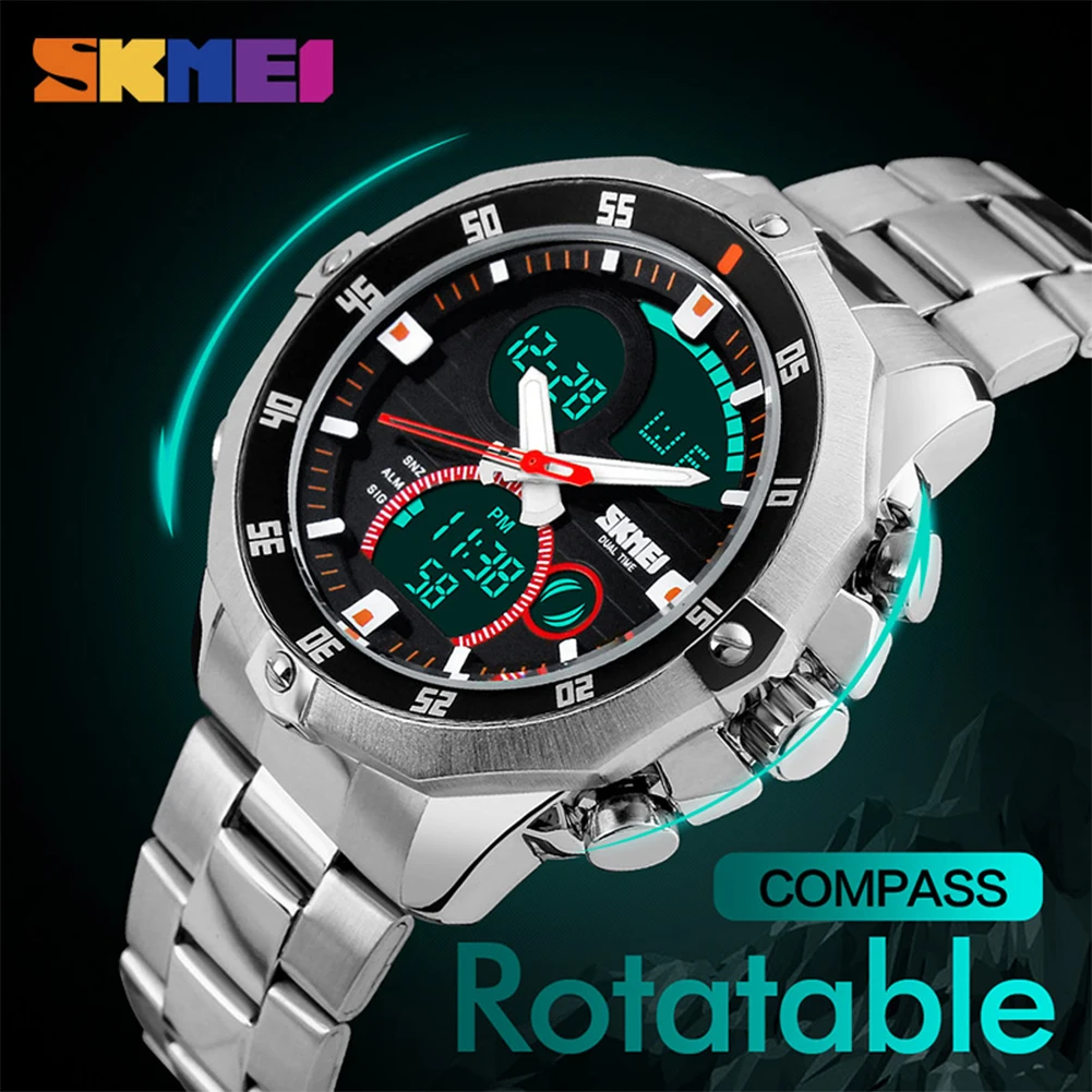 

Men Quartz Wristwatches 30m Waterproof LED Digital Alarm Dual Time Display Chronograph Stainless Steel Strap
