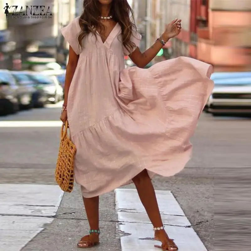 Модная туника Макси платье женский летний сарафан ZANZEA сексуальный v-образный вырез Асимметричный Vestidos женский размера плюс халат с оборками