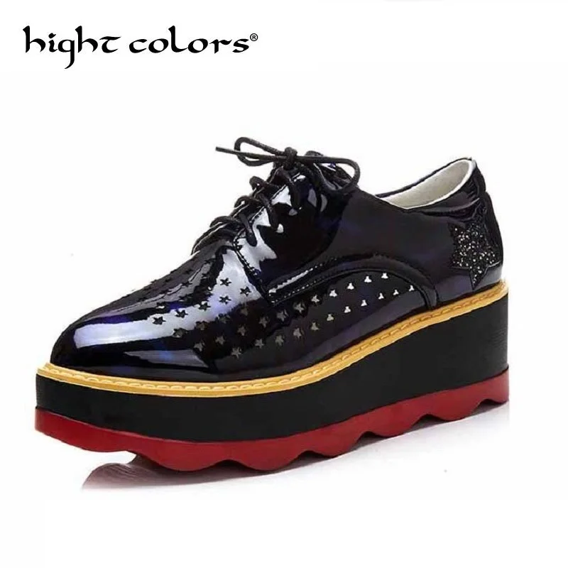 

2018 Creepers Platform Casual High Heels Shoes Woman Lace-Up Oxfords Spring Pumps Fashion Wedges Black White Women Shoes Size 42
