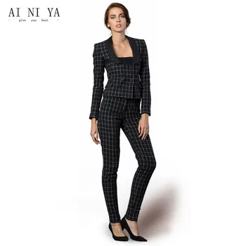 

Black and White Plaid Pattern Women Business Suits Formal Office Suits Work Double Breasted Female Trouser Suits Custom Made New