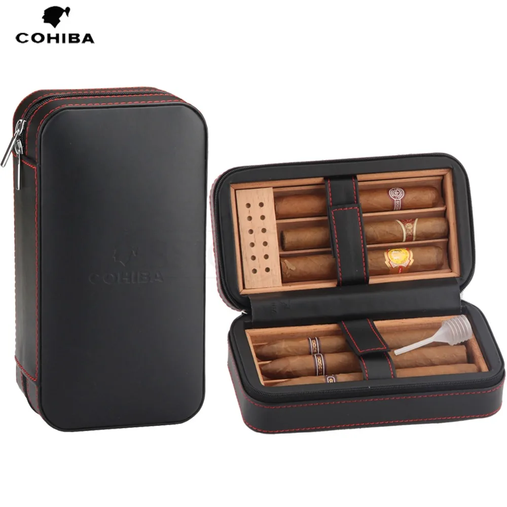 Travel Cigar Humidor Box Leather Cigar Case Portable Cedar Wood COHIBA