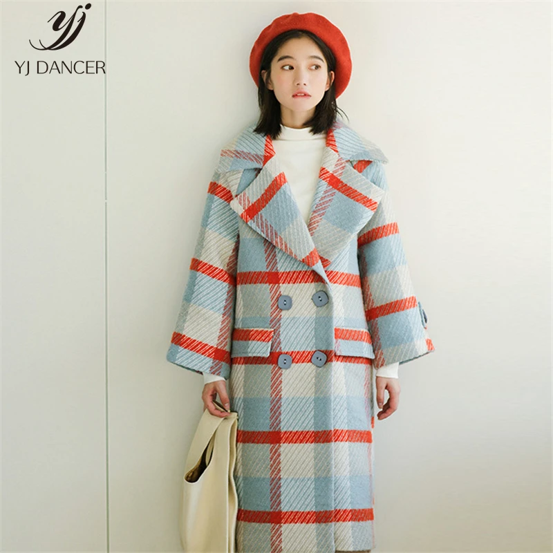 

Woolen Plaid Coat Female Long Section 2018 Fashion New High quality Autumn And Winter Nine-Point Sleeve Loose Woolen Coat HJB274