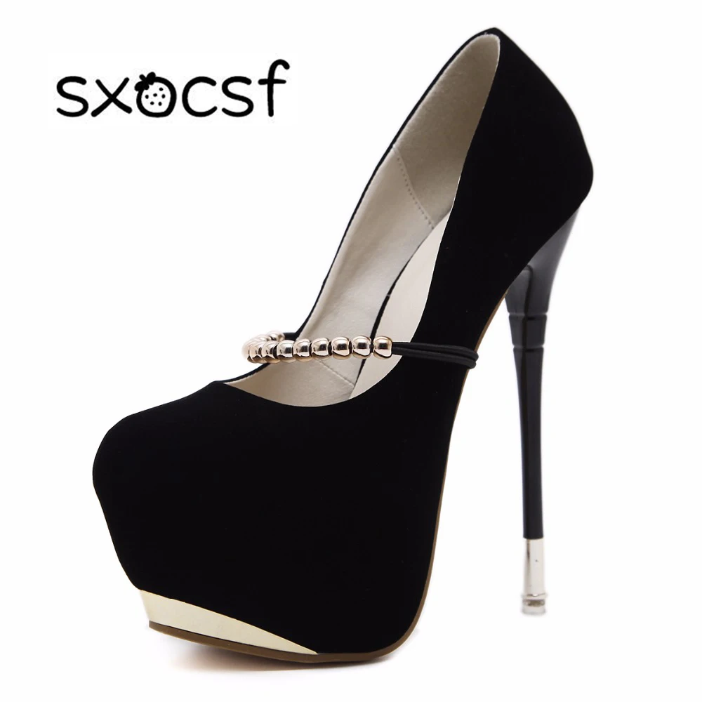 Sweet Super High Heels Platform Pumps Women Laies Flock Bead Stiletto Shoes Round Toe Thin Party Wedding Black | Обувь