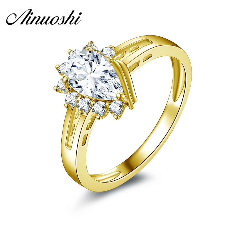 

AINUOSHI 10k Solid Yellow Gold Women Wedding Rings Hot Aneis Feminino Fine Jewelry Design 1 ct Pear Cut Wedding Rings for Women
