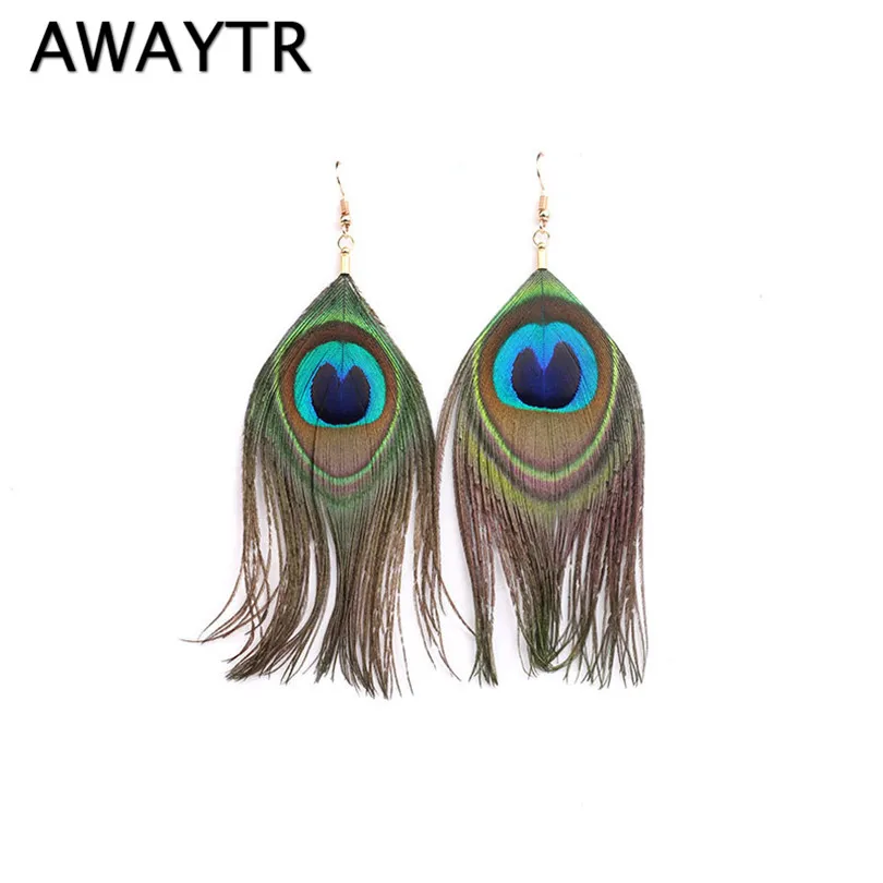 AWAYTR Boho Long Peacock Feather Earrings Women Exaggerated Personality Earrings Korean Tassels Dangle Drop Earrings Jewelry