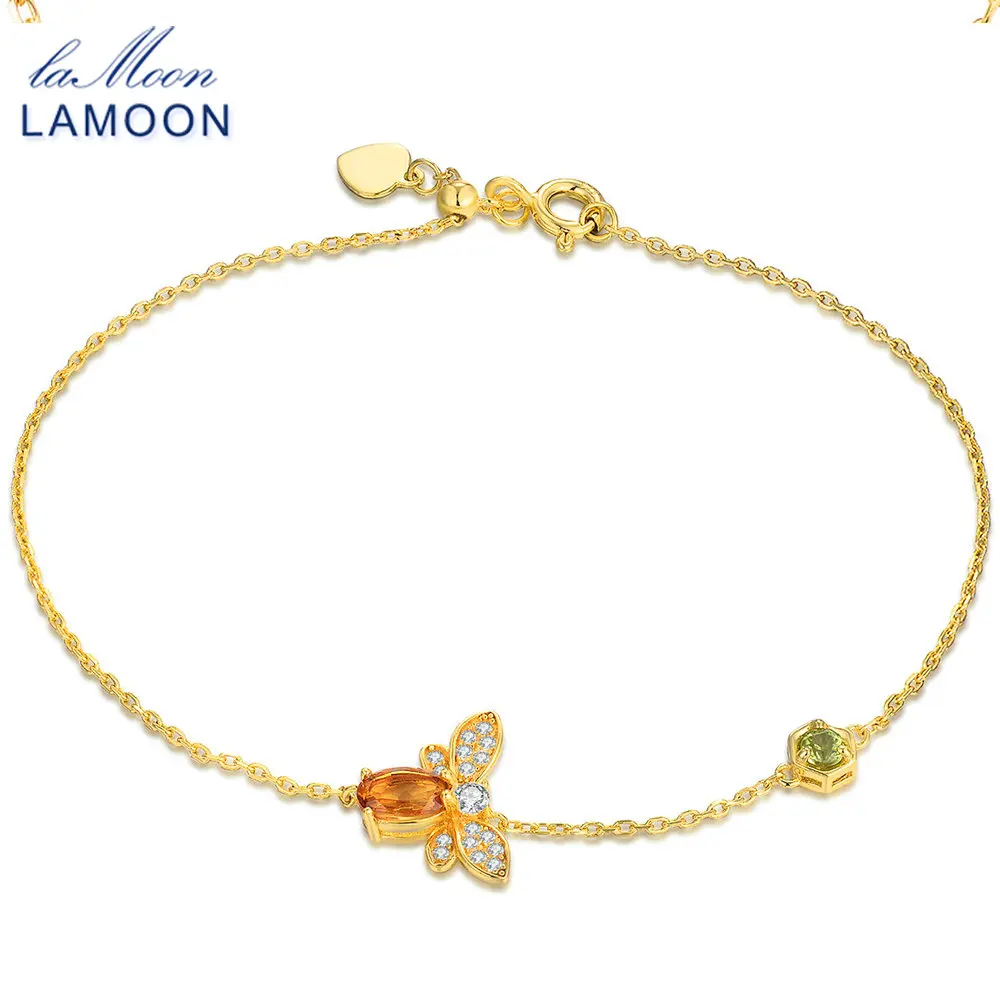LAMOON Lovely Bee Brecelets for Women 100% Natural Citrine 925 Sterling Silver Fine Jewelry Charm Bangles Hand Accessory LMHI002