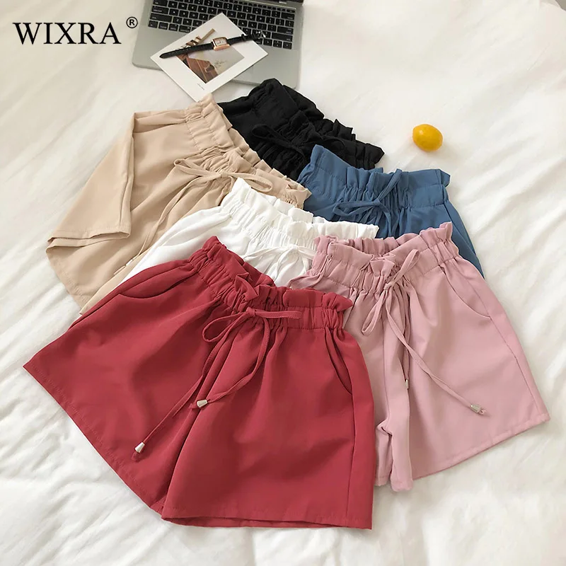 

Wixra High Waist Loose Lace up Shorts 2019 Summer Women Elastic Waist Pockets A Line Solid Shorts For Lady