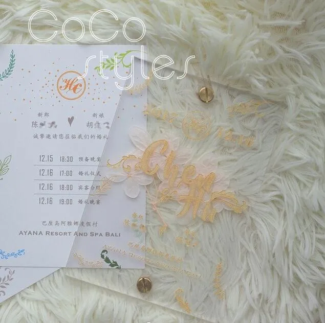  Cocostyles custom personalized gold silk screen lucid acrylic invitation card with forever flower f - 32869616427