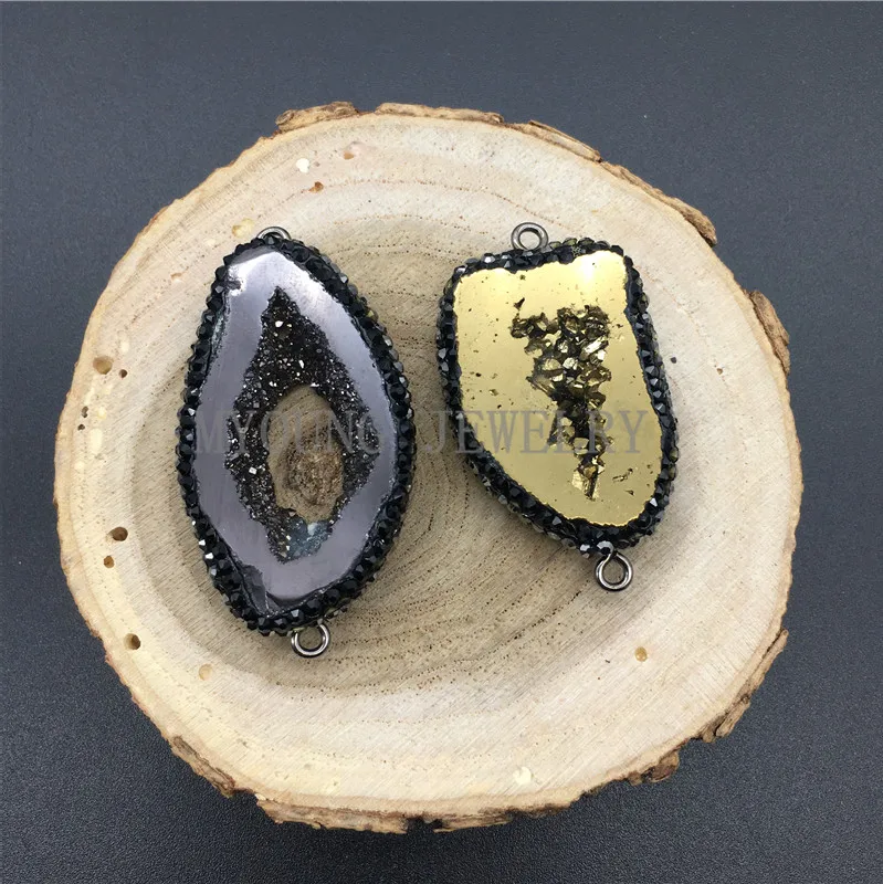 MY1285 Freeform Crystal Druzy Geode Slice Connector Pendant  Titanium Paved Zirconia Edges and Bail For Necklace Women Jewelry (1)