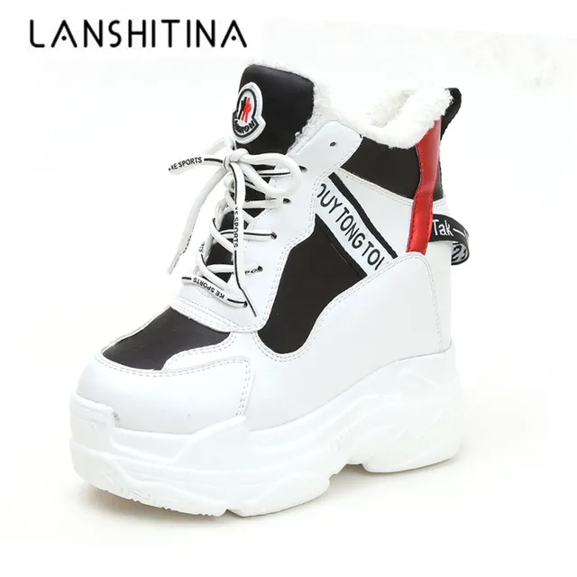 US $24.05 2018 New Winter Women Ankle Boots 11CM Heels High Top Wedge Boots Warm Fur Platform Leather Sneaker