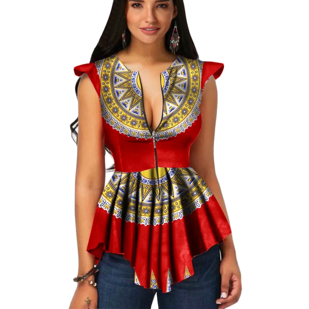 

YOUYEDIAN 2019 New Fashion Summer Zipper African Printing Tank Tops Casual Women Sleeveless Tunic Tank Top